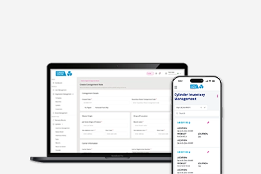 The RefHub app shown on a laptop and a smartphone, with the cylinder consignment form on the laptop and the cylinder inventory management screen on the phone.